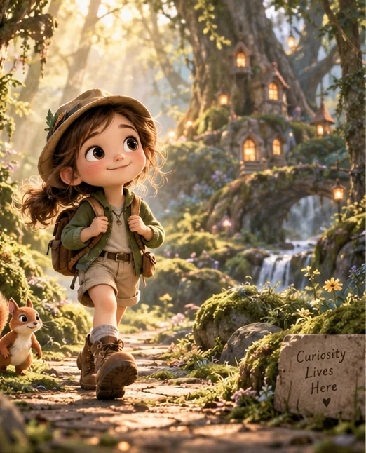 Camila, a little explorer with a hat and backpack, walking along a forest path