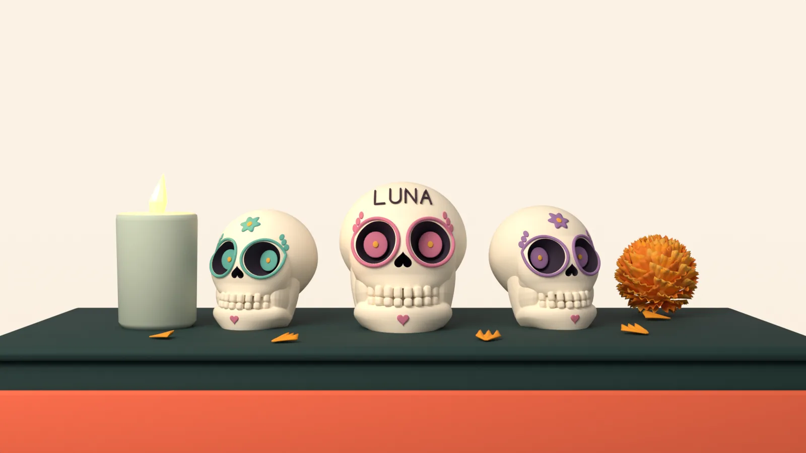 Tres calaveritas de azúcar decoradas con flores sobre un altar de Día de Muertos; la del centro lleva el nombre Luna en la frente