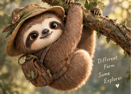 Tobías the sloth hanging from a branch with his explorer hat