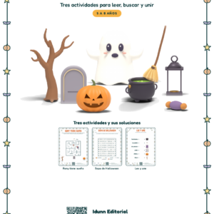 Portada de la muestra gratis de Halloween para leer y jugar, tres actividades para niñas y niños de 5 a 8 años