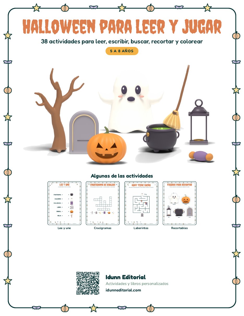 Portada de Halloween para leer y jugar: 38 actividades para niñas y niños de 5 a 8 años, con fantasma y calabaza