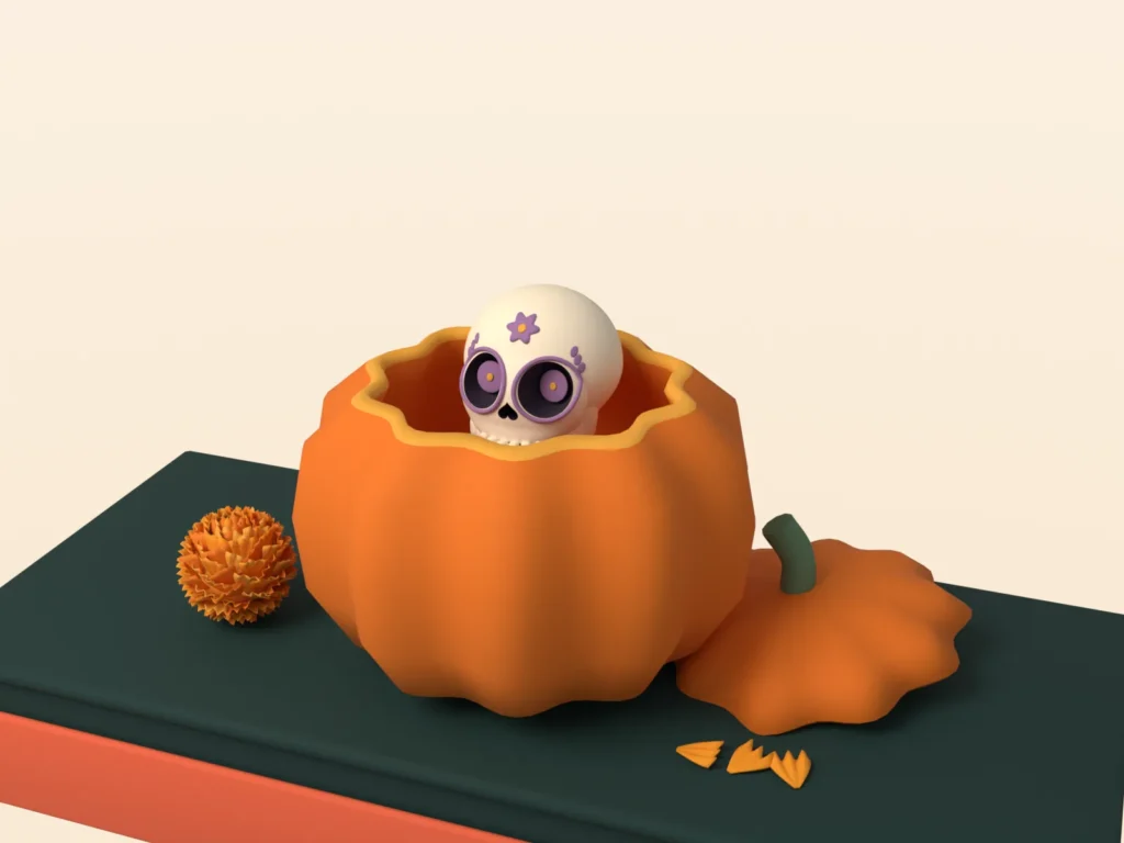 A sugar skull decorated with flowers peeks out from inside a pumpkin, on a Day of the Dead altar