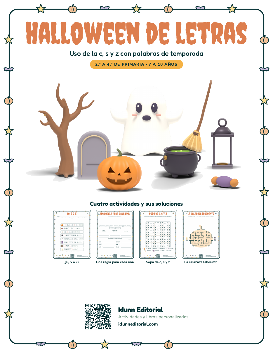 Portada de Halloween de letras, ejercicios de uso de la c, s y z con palabras de temporada para segundo a cuarto de primaria