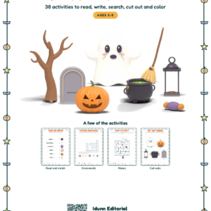 Cover of the Halloween Activity Pack: 38 printable activities for kids ages 5 to 8, with a ghost and a pumpkin