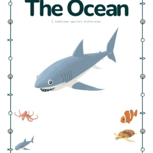 Cover of the ocean activity book, with a dolphin, an octopus, a shark and a sea turtle