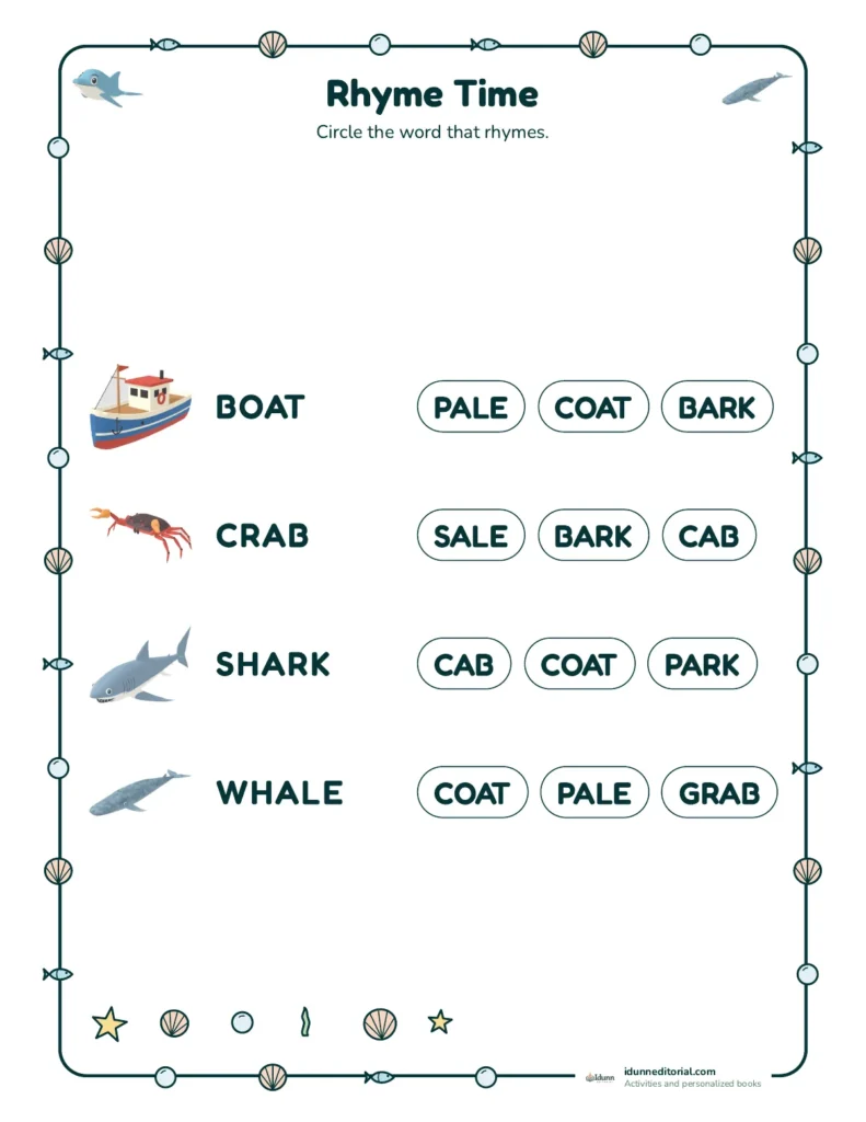 Rhyming page from the ocean activity book: boat, crab, shark and whale with words to circle