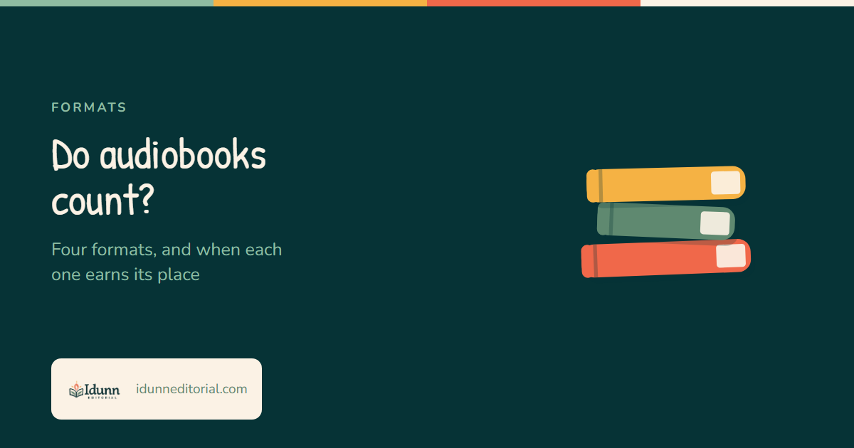Cover of the Idunn Editorial article “Do audiobooks count?”: four formats, and when each one earns its place