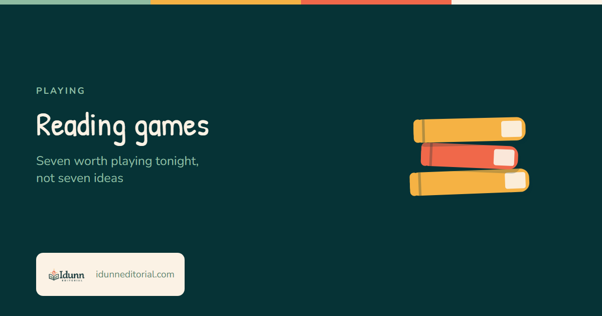 Cover of the Idunn Editorial article “Reading games”: seven worth playing tonight, not seven ideas