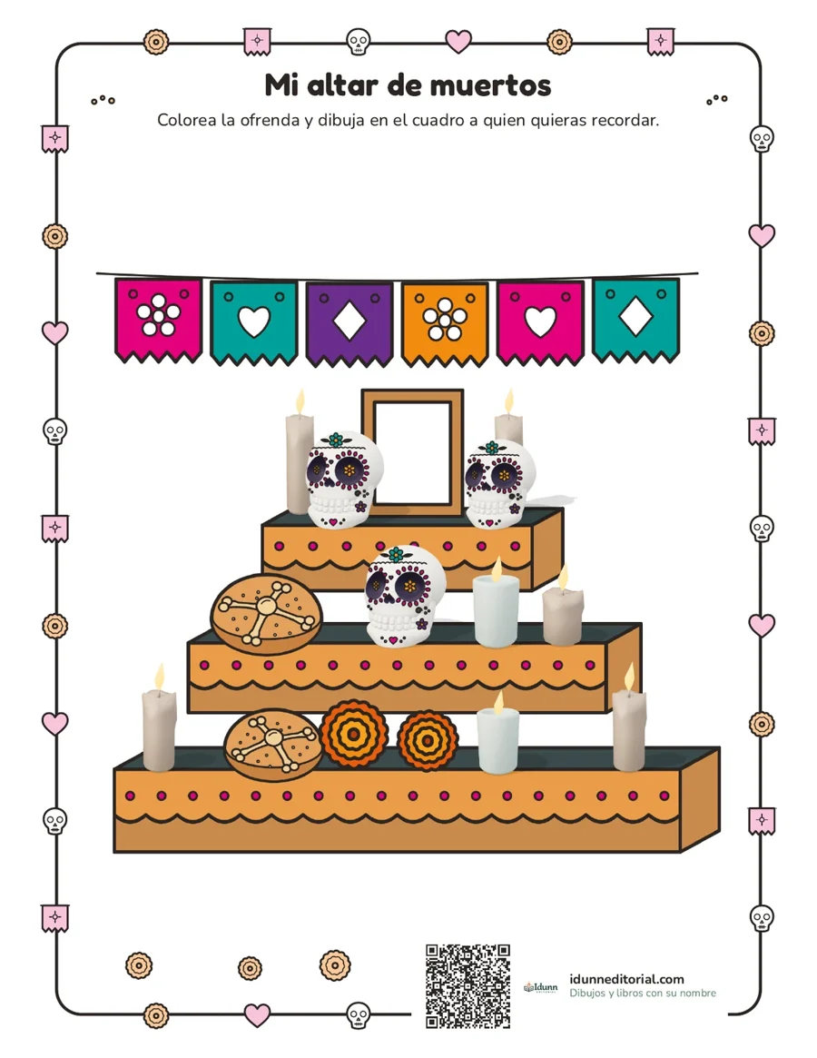 Dibujo a color de un altar de muertos de tres niveles con papel picado, calaveritas de azúcar, pan de muerto, veladoras y cempasúchil