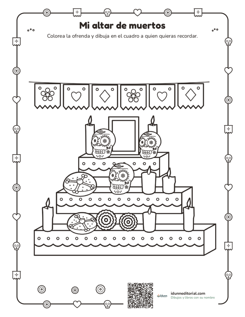 Altar de muertos para colorear, 4 a 9 años: una ofrenda de tres niveles con papel picado, calaveritas, pan, velas, cempasúchil y un cuadro para dibujar a quien se recuerda.