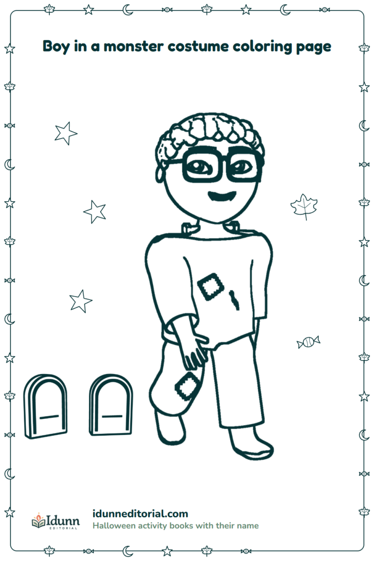 Monster costume coloring page, ages 3 to 8: a boy with curly hair and square glasses dressed as a monster, who walks between two small tombstones.