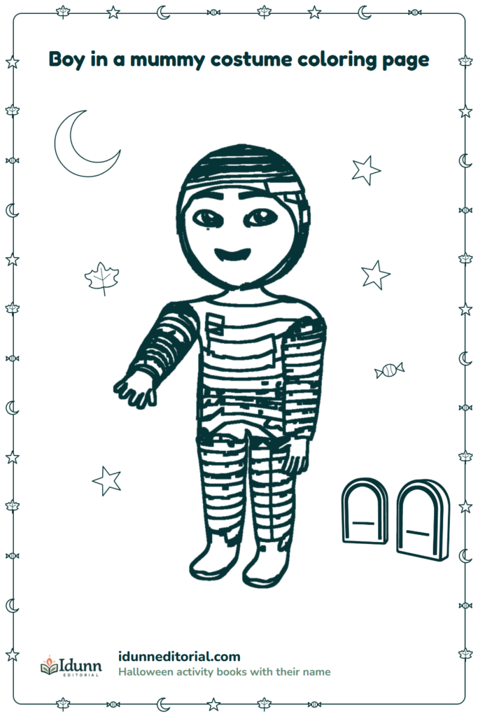Mummy costume coloring page, ages 3 to 8: a boy with side-parted hair dressed as a mummy, who stretches out one arm in greeting next to two tombstones, with the moon behind him.