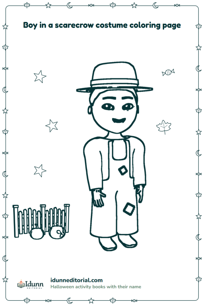 Scarecrow costume coloring page, ages 3 to 8: a boy with short blond hair dressed as a scarecrow, who stands in the pumpkin patch, in front of a fence with two pumpkins.