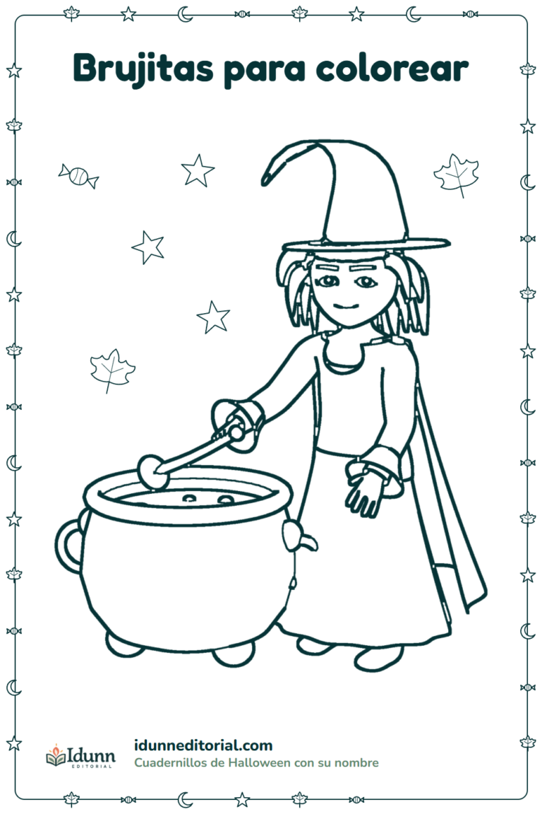 Brujita para colorear, 3 a 8 años: una brujita sonriente que revuelve un caldero con una cuchara de palo.