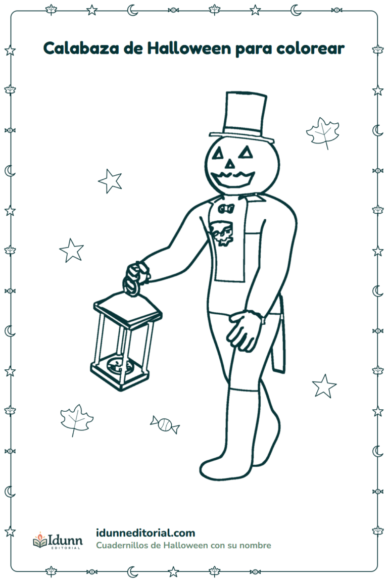 Jack para colorear, 3 a 8 años: un personaje con cabeza de calabaza tallada que camina con un farol en la mano.