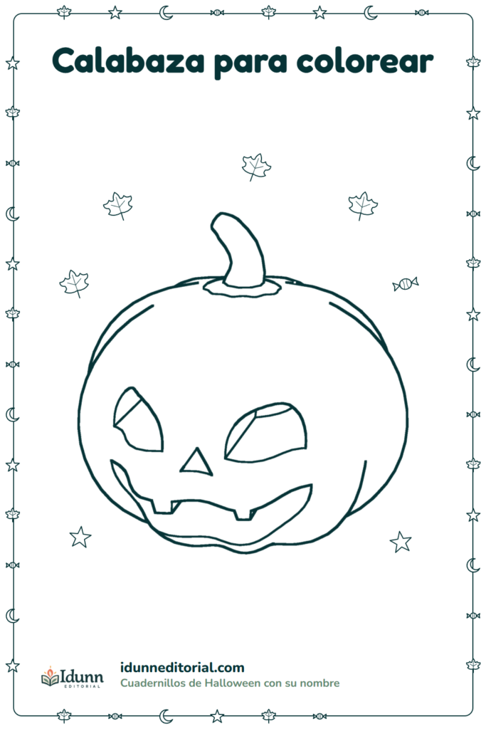 Calabaza para colorear, 3 a 8 años: una calabaza de Halloween tallada con una sonrisa, entre hojas de otoño, estrellas y un dulce.