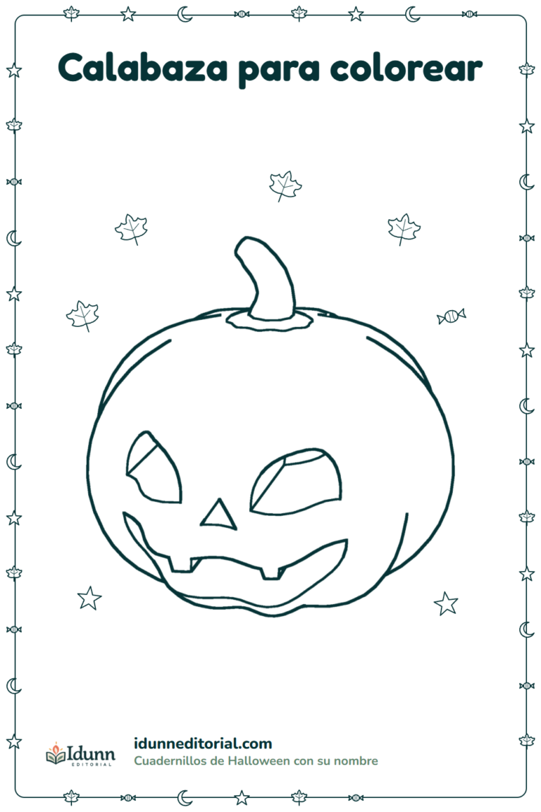 Calabaza para colorear, 3 a 8 años: una calabaza de Halloween tallada con una sonrisa, entre hojas de otoño, estrellas y un dulce.