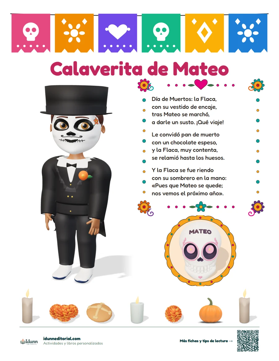 Hoja de la calaverita literaria de Mateo, con su personaje vestido de catrín y su nombre en una calaverita de azúcar