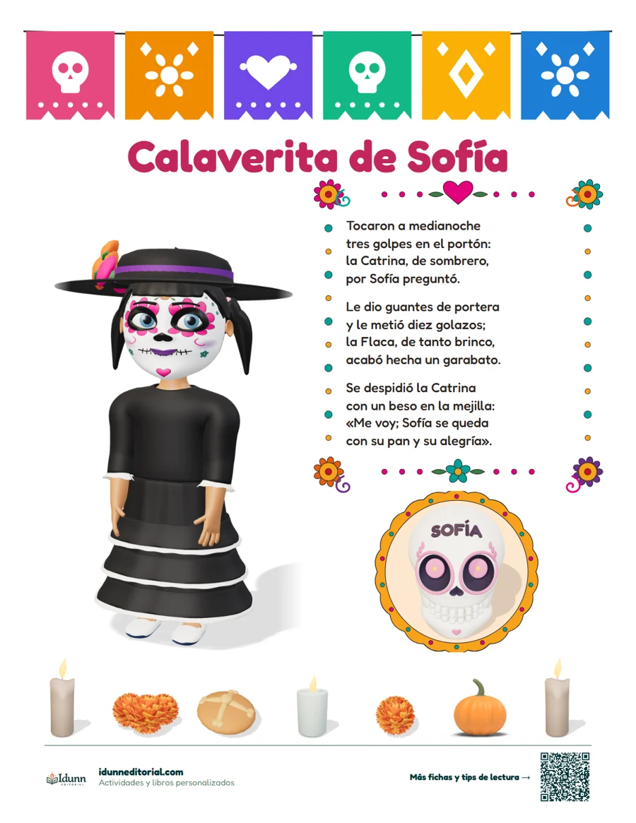 Hoja de la calaverita literaria de Sofía, con su personaje vestido de catrina y su nombre en una calaverita de azúcar