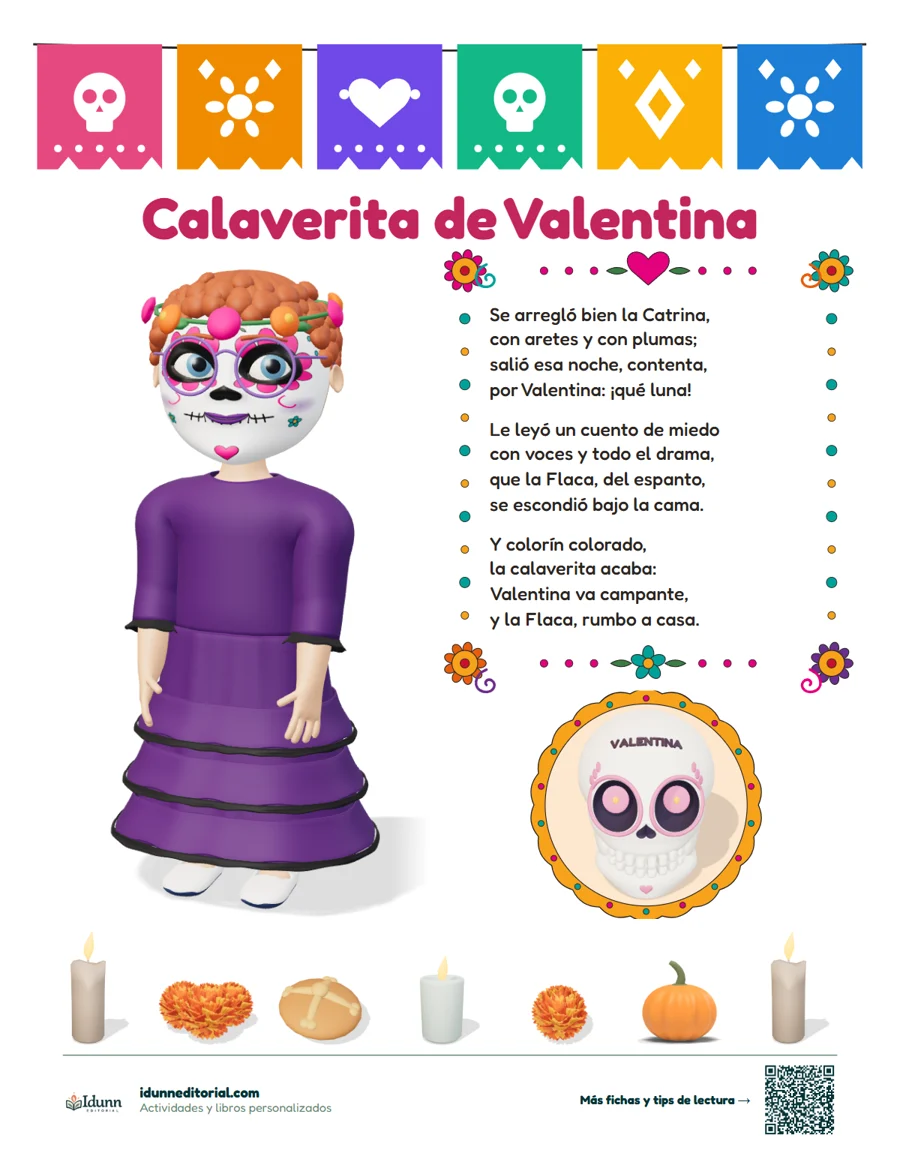 Hoja de la calaverita literaria de Valentina, con su personaje vestido de catrina y su nombre en una calaverita de azúcar