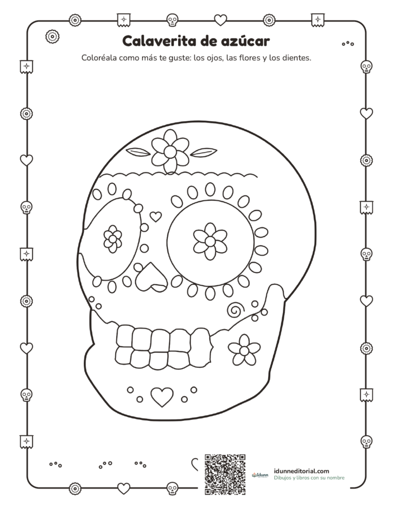 Calaverita de azúcar para colorear, 3 a 8 años: una calaverita un poco girada, con pétalos alrededor de los ojos, una flor en la frente, hojas y corazones.