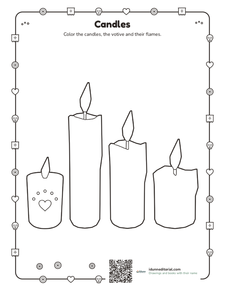Day of the Dead candles coloring page, ages 3 to 8: three lit candles of different sizes and a votive candle with a heart.