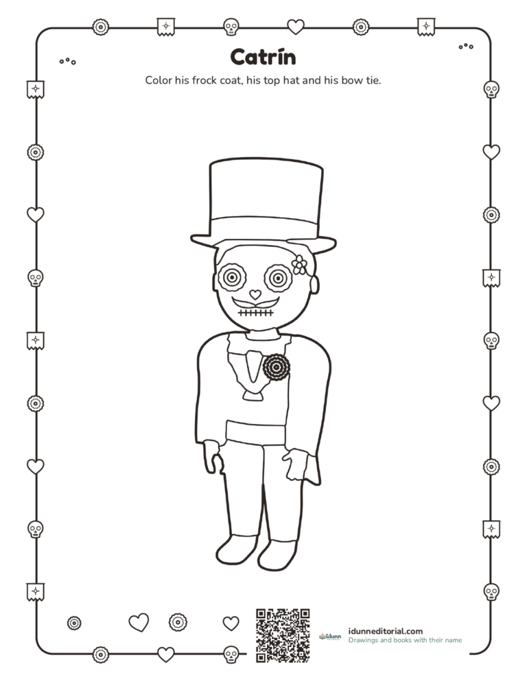 Catrín coloring page, ages 4 to 9: a boy dressed as a catrín, with a top hat, a frock coat, a painted mustache and a flower on his lapel.