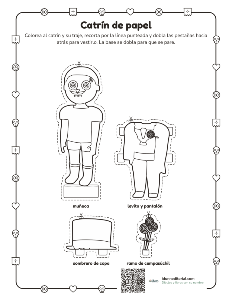 Catrín de papel para recortar y vestir, 5 a 10 años: el muñeco con su base, la levita con pantalón, el sombrero de copa y un ramo, con pestañas.