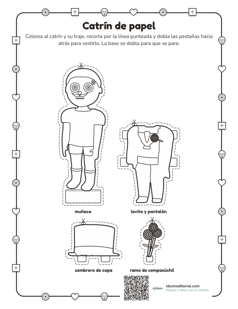 Catrín de papel para recortar y vestir, 5 a 10 años: el muñeco con su base, la levita con pantalón, el sombrero de copa y un ramo, con pestañas.