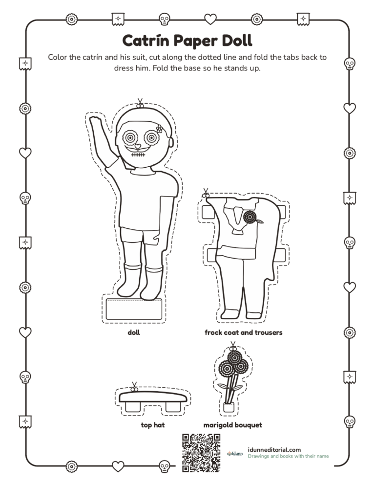 Catrín paper doll to cut out and dress, ages 5 to 10: the doll with his stand, the frock coat with trousers, the top hat and a bouquet, with tabs.