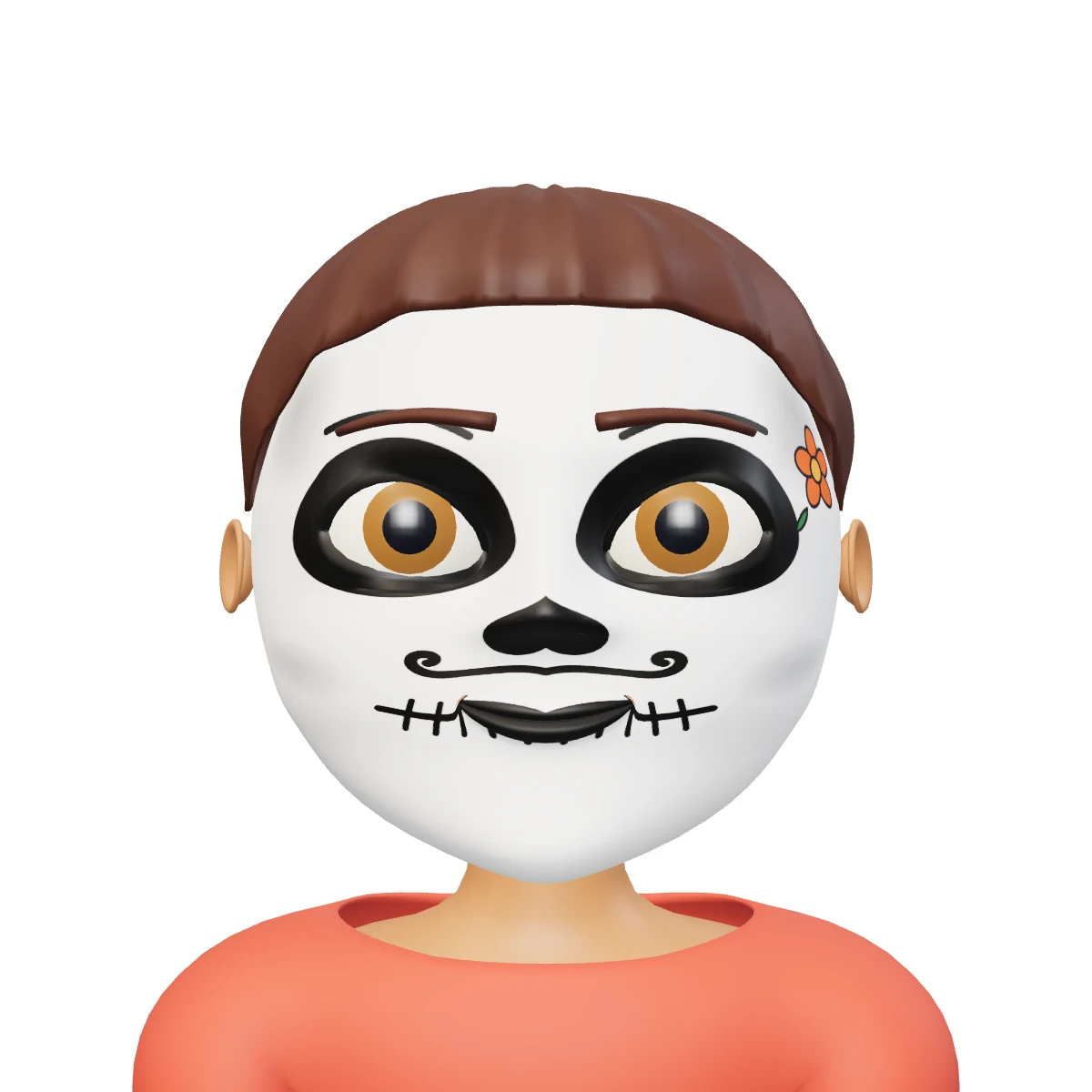 Niño con maquillaje de catrín: cara blanca, ojos negros, nariz de corazón, sonrisa de puntadas y bigote de manubrio pintado