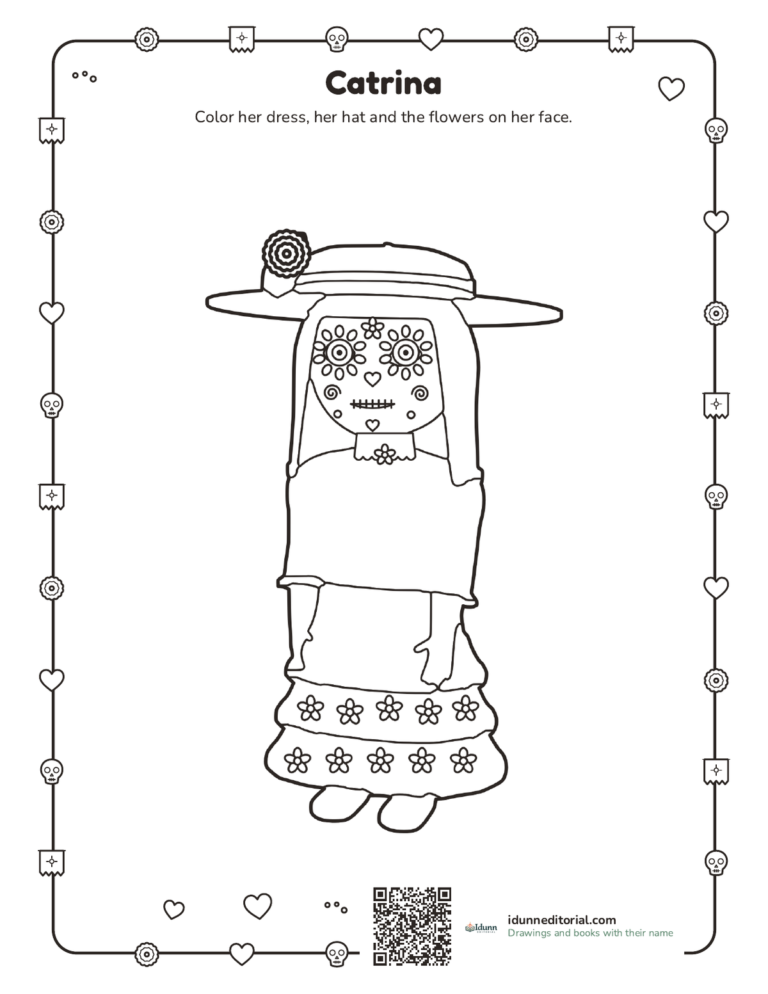 Catrina coloring page, ages 4 to 9: a girl with long hair dressed as a catrina, with a wide-brimmed hat and flowers on her face and dress.