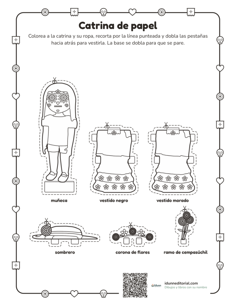 Catrina de papel para recortar y vestir, 5 a 10 años: la muñeca con su base, dos vestidos, sombrero, corona de flores y un ramo, con pestañas para vestirla.