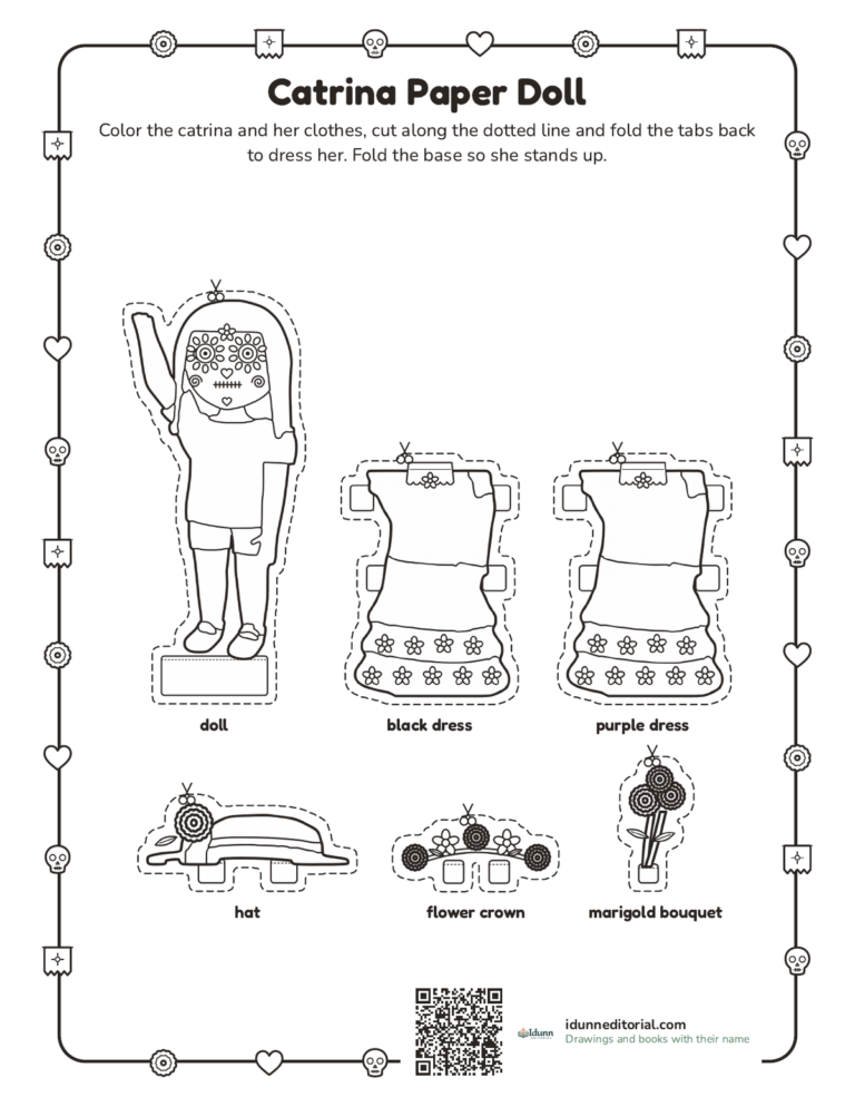 Catrina paper doll to cut out and dress, ages 5 to 10: the doll with her stand, two dresses, a hat, a flower crown and a bouquet, with tabs to dress her.