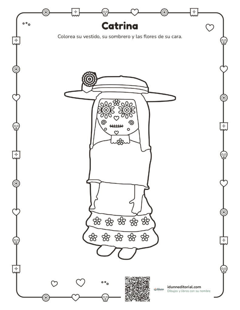 Catrina para colorear, 4 a 9 años: una niña de pelo largo vestida de catrina, con sombrero de ala ancha, flores en la cara y en el vestido.