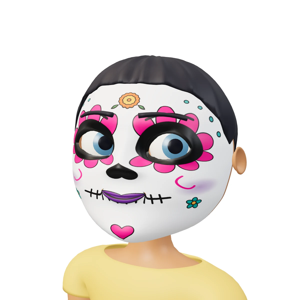 Paso 8: maquillaje de catrina para niña terminado, visto de tres cuartos
