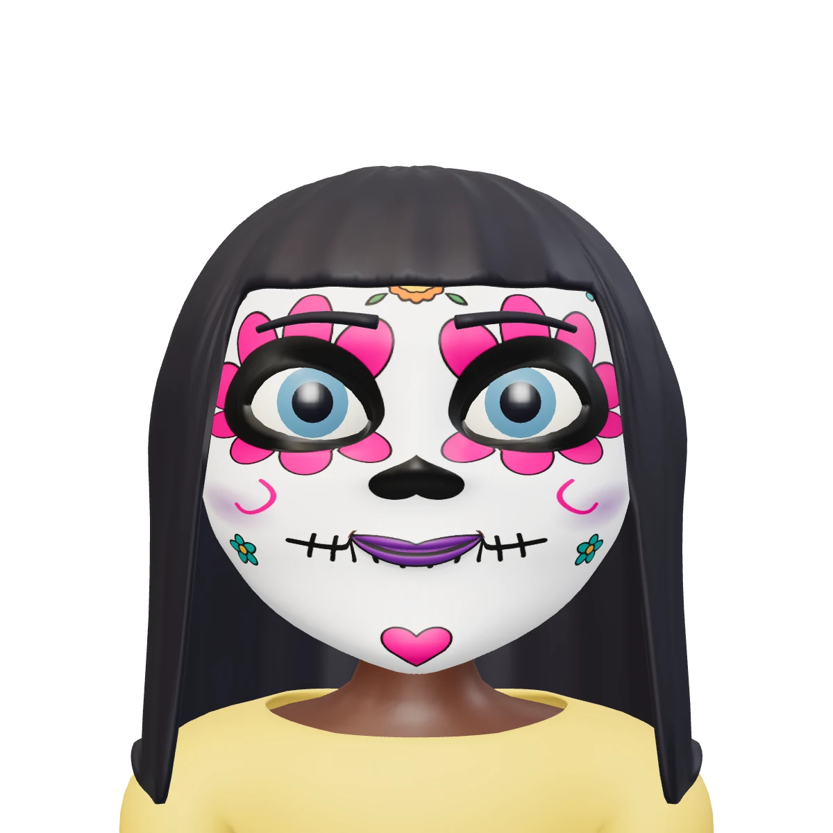 Niña de pelo largo con maquillaje de catrina terminado, piel morena oscura