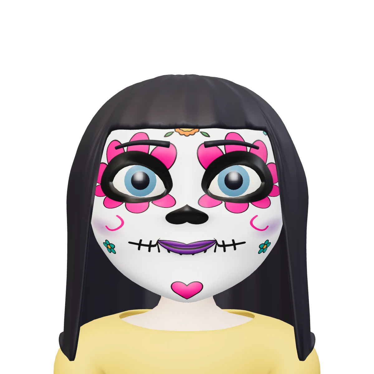 Niña de pelo largo con maquillaje de catrina terminado, piel clara