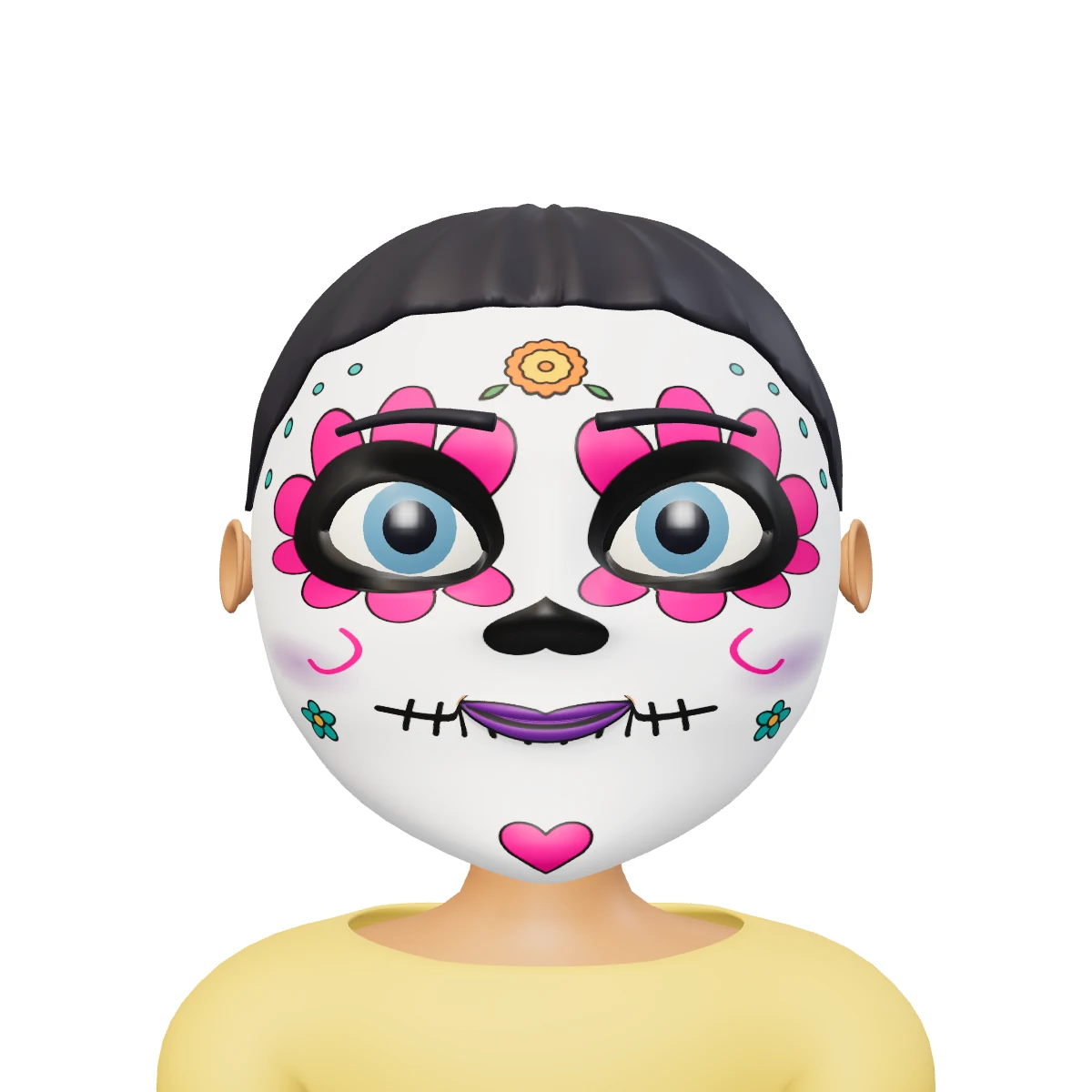 Niña de coleta con maquillaje de catrina terminado, piel morena clara