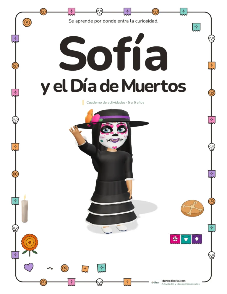 Portada del cuadernillo de Día de Muertos personalizado, con el nombre Sofía y su personaje vestido de catrina