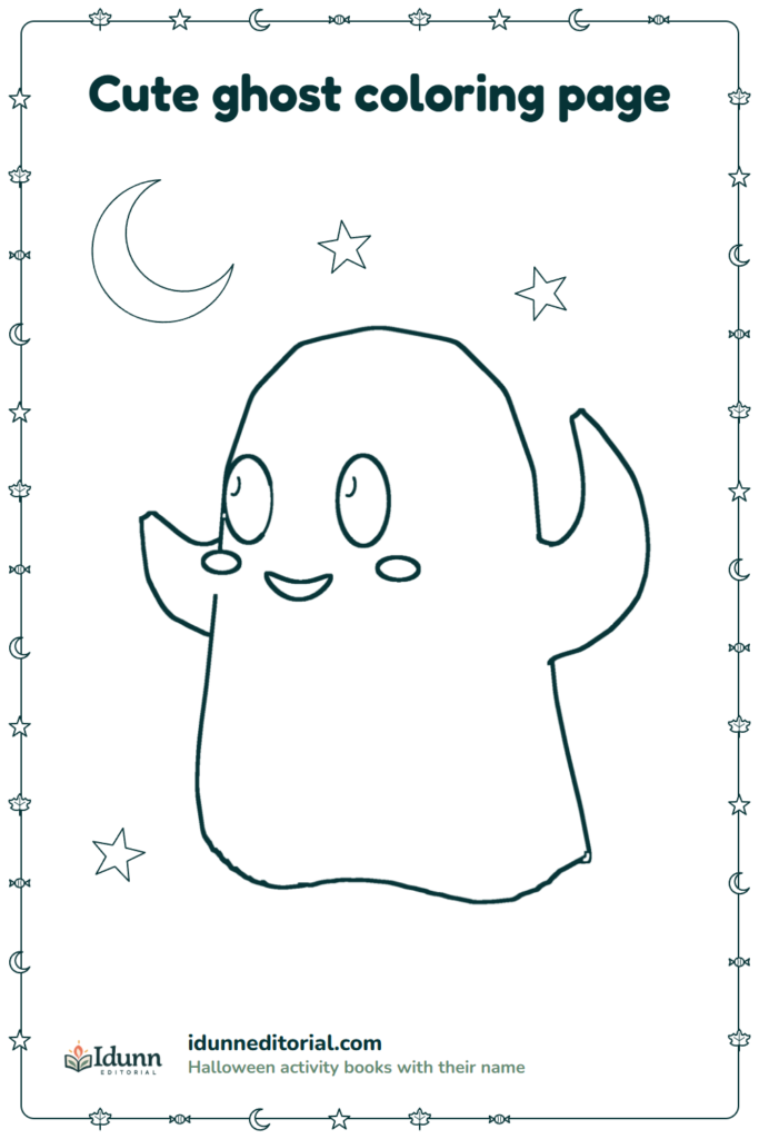 Cute ghost coloring page, ages 3 to 8: a smiling ghost waving hello under the moon and stars.