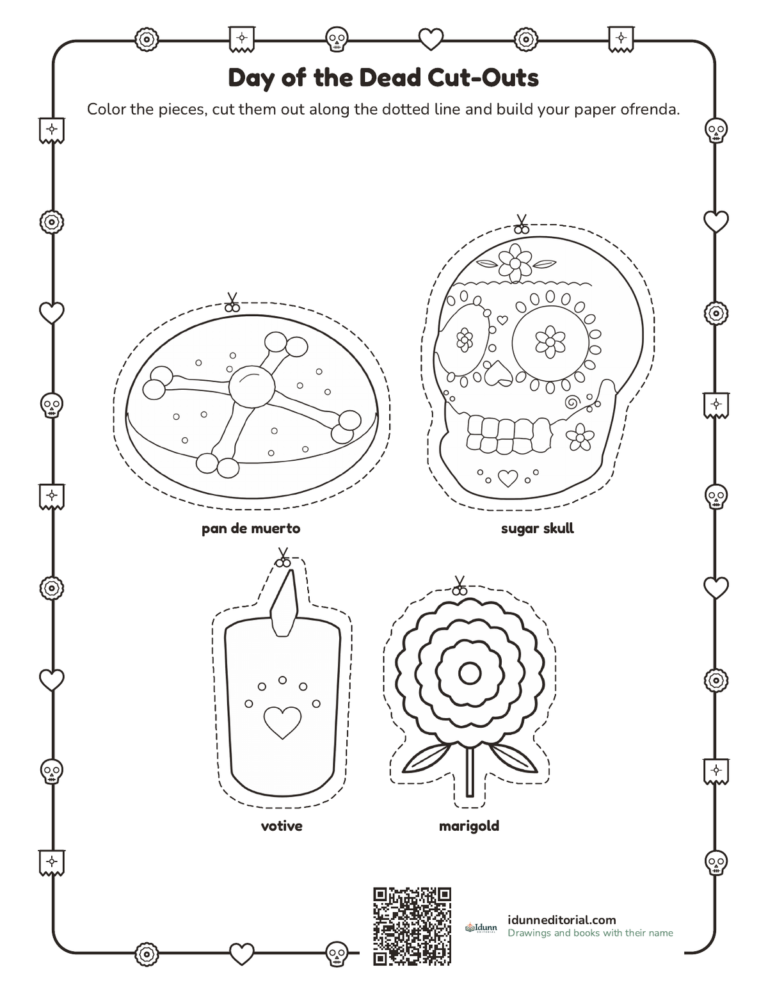 Day of the Dead cut-outs, ages 4 to 9: a pan de muerto, a sugar skull, a votive candle and a marigold to color, cut out and build an ofrenda.