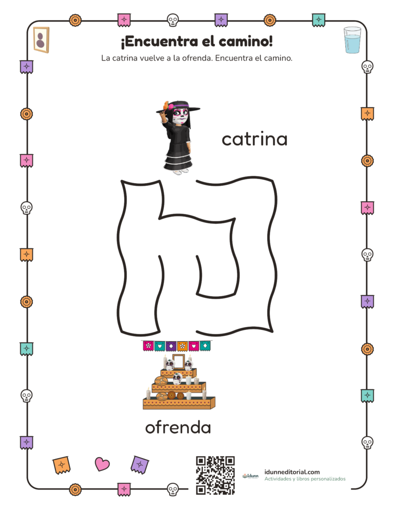 Laberinto de Día de Muertos, 3 a 4 años: La catrina vuelve a la ofrenda. Encuentra el camino.