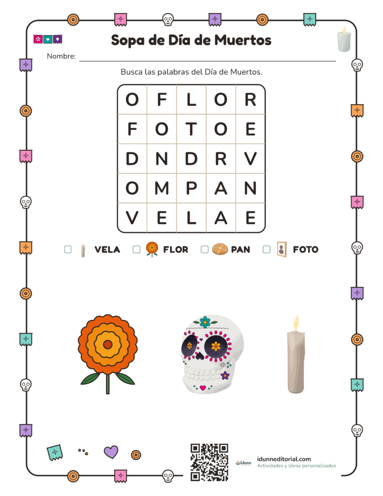 Sopa de letras de Día de Muertos, 4 a 5 años: Busca las palabras del Día de Muertos.