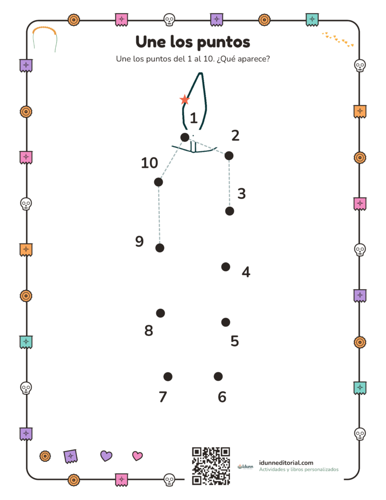 Une los puntos de Día de Muertos, 3 a 4 años: Une los puntos del 1 al 10. ¿Qué aparece?
