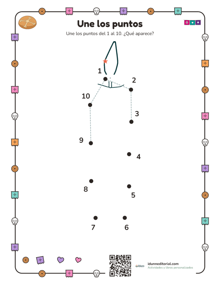 Une los puntos de Día de Muertos, 4 a 5 años: Une los puntos del 1 al 10. ¿Qué aparece?