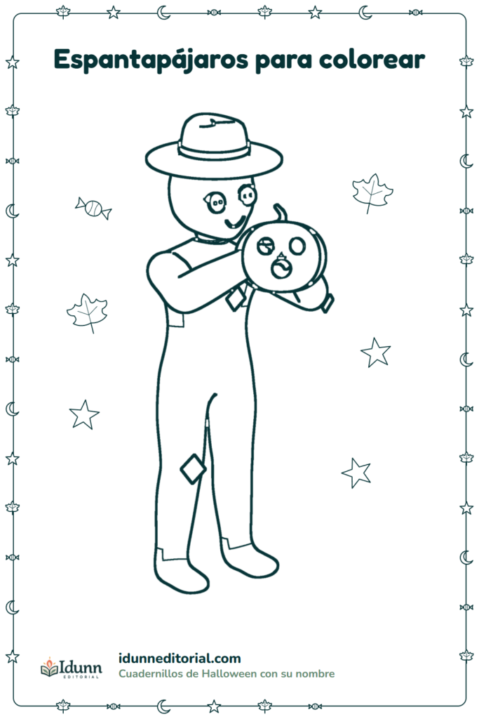 Espantapájaros para colorear, 3 a 8 años: un espantapájaros con sombrero que sostiene una calabaza tallada junto a su cara.