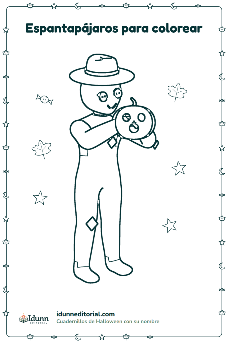 Espantapájaros para colorear, 3 a 8 años: un espantapájaros con sombrero que sostiene una calabaza tallada junto a su cara.