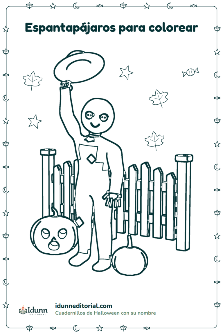 Espantapájaros para colorear, 3 a 8 años: un espantapájaros que saluda con el sombrero, entre calabazas y una valla de madera.