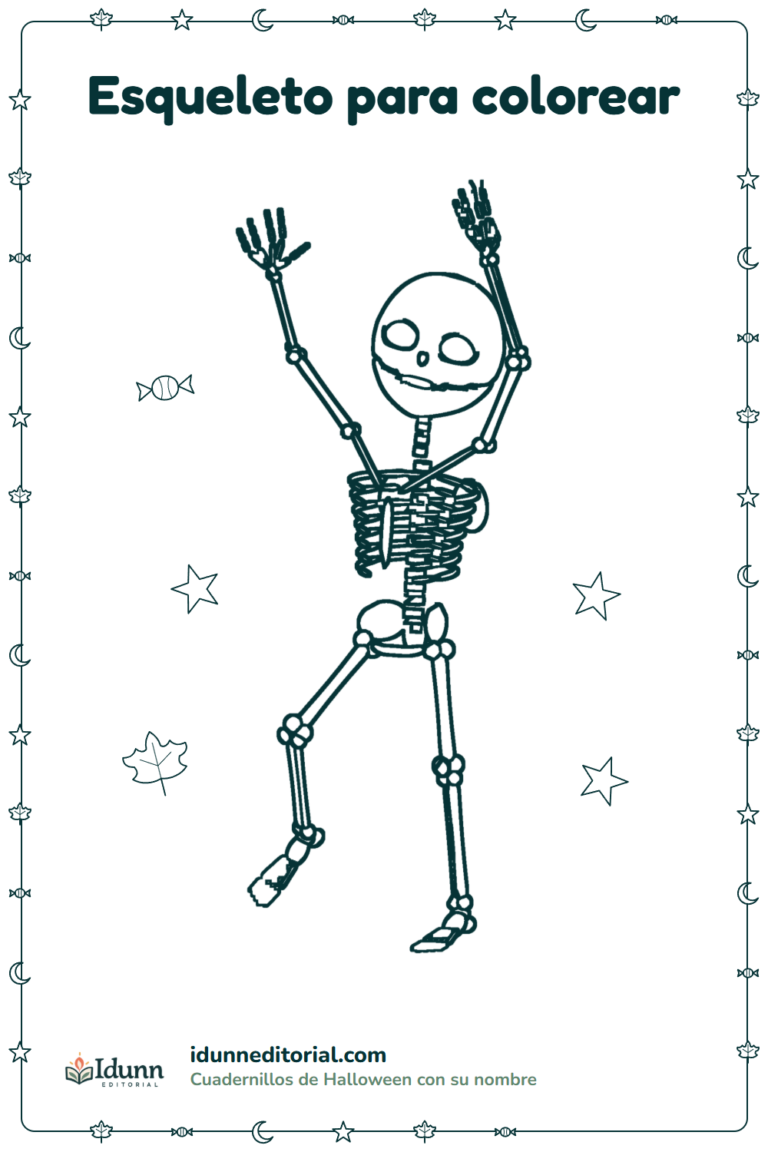 Esqueleto para colorear, 3 a 8 años: un esqueleto sonriente que baila con los brazos en alto.
